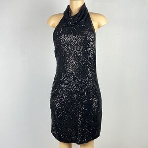 Gianni Bini Sequin Dress Womens 10 Backless Halter Black Sparkly Resort Cruise